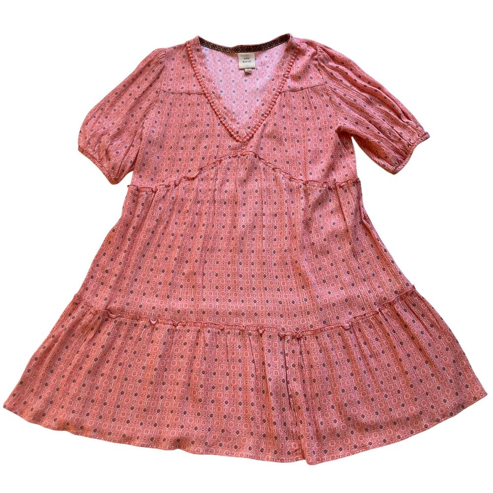 Knox Rose Tiered A-Line Bohemian Dress Size L Pink Medallion Print